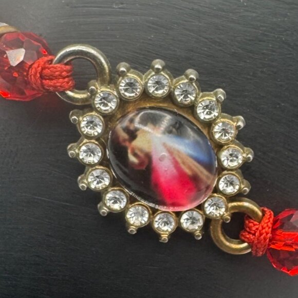 Red Braided Bracelet Crystal Religious Saint Michael Charm Rhinestone Oval - Picture 3 of 6